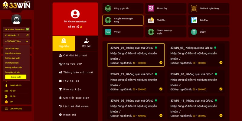 nạp tiền 33win chuyển khoản ngân hàng
