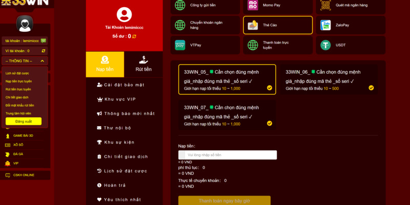 nạp tiền 33win thẻ cào