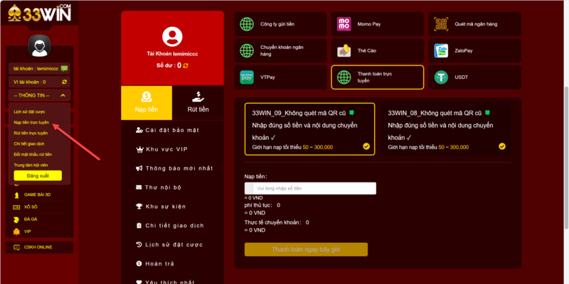 nạp tiền 33win